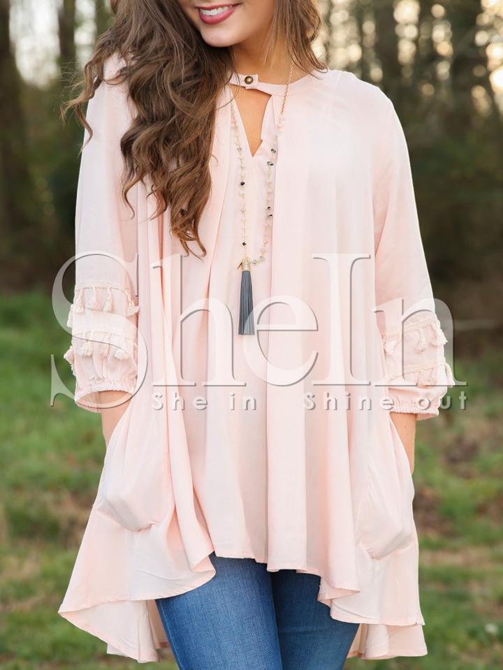 Shein Pink Slit Neck Crochet Tassel Cuff Ruffle Blouse