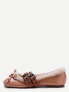 Shein Brown Faux Leather Buckle Strap Knotted Fur Lined  Ballet Shoes