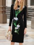 Shein Black Crew Neck Flowers Embroidered Sheath Dress