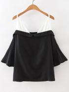 Shein Black And White Cold Shoulder Ruffle Cuff Blouse
