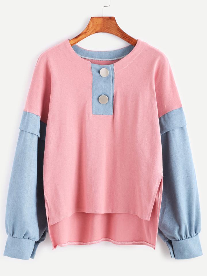 Shein Contrast Drop Shoulder Dip Hem Slit Side Button Sweatshirt