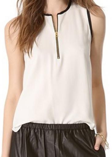 Rosewe Black Hem White Sleeveless Zip Closure Top