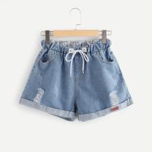 Shein Roll Up Hem Drawstring Waist Denim Shorts