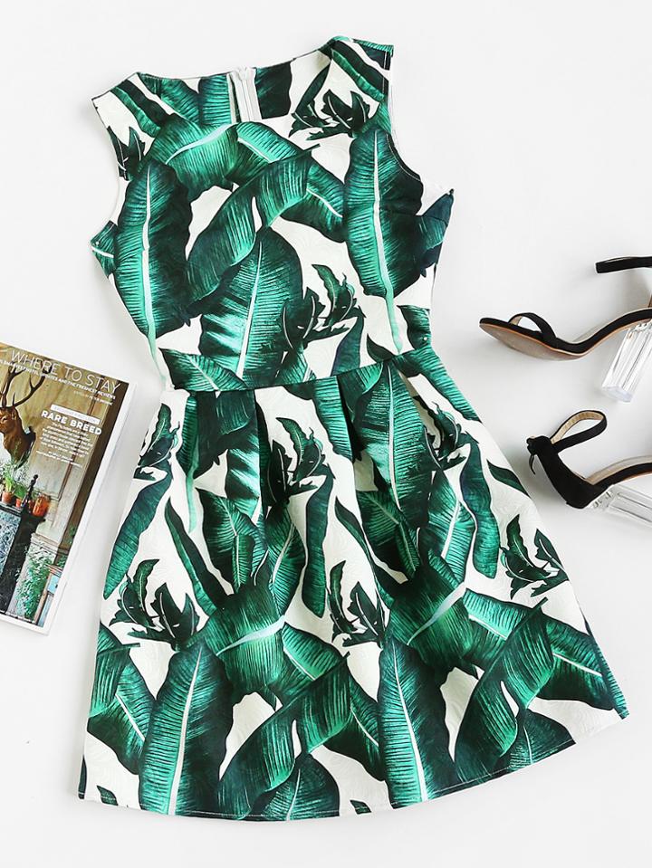 Shein Foliage Print Box Pleated Fit And Flare Dress