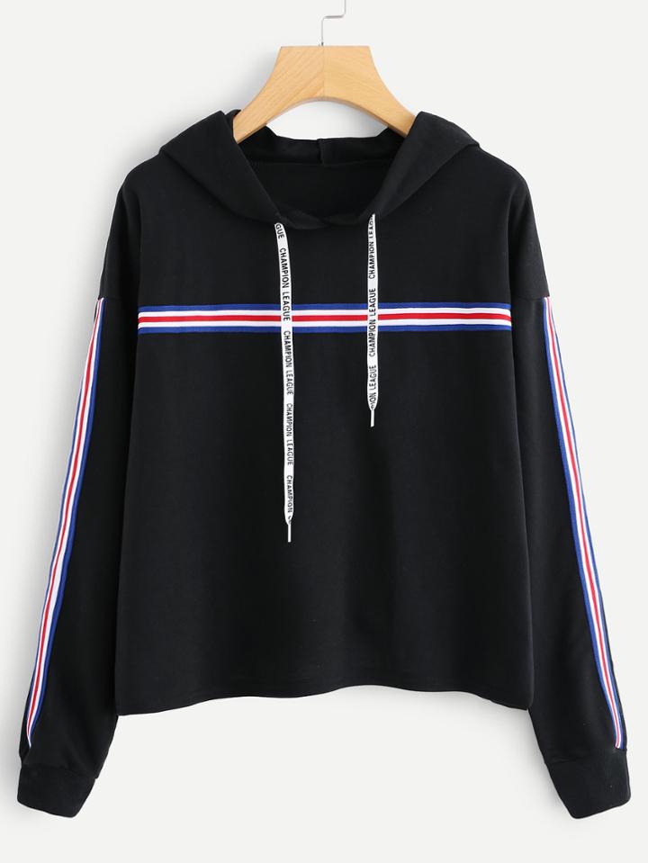 Shein Striped Tape Detail Drop Shoulder Hoodie
