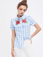 Shein Frill Trim Rose Patch Checkered Blouse