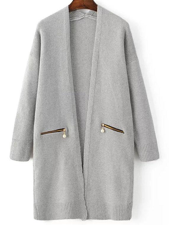 Shein Grey Ribbed Trim Zipper Pocket Long Sweater Coat