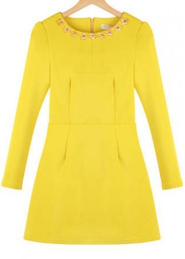 Rosewe Shiny High Waist Yellow Dress With Rhinestone Decoration