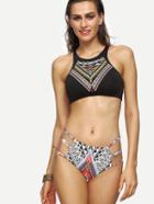 Shein Black Vintage Print Crisscross Back Bikini Sets
