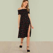 Shein Cherry Print Slit Bardot Dress