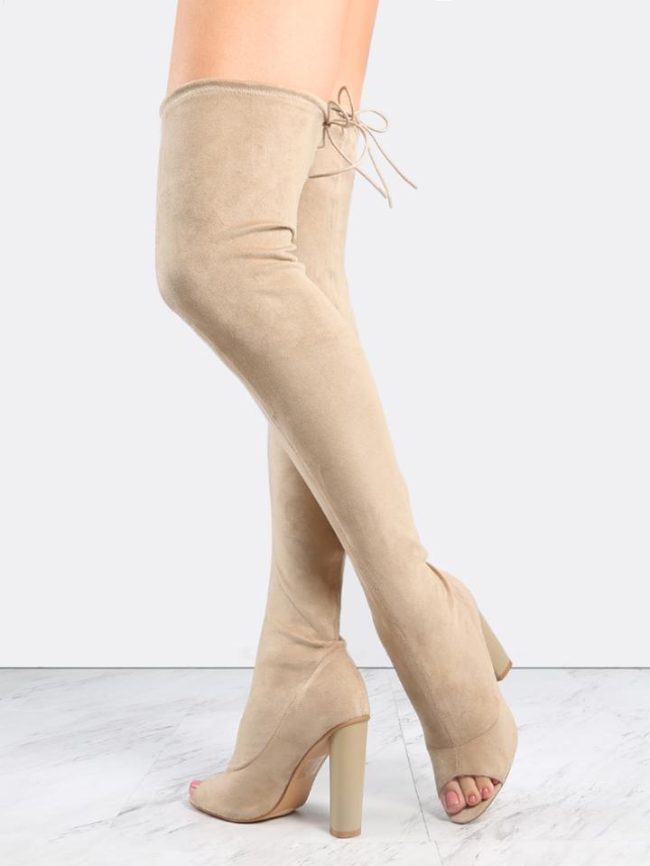 Shein Nude Suede Peep Toe Chunky Heel Over The Knee Boots