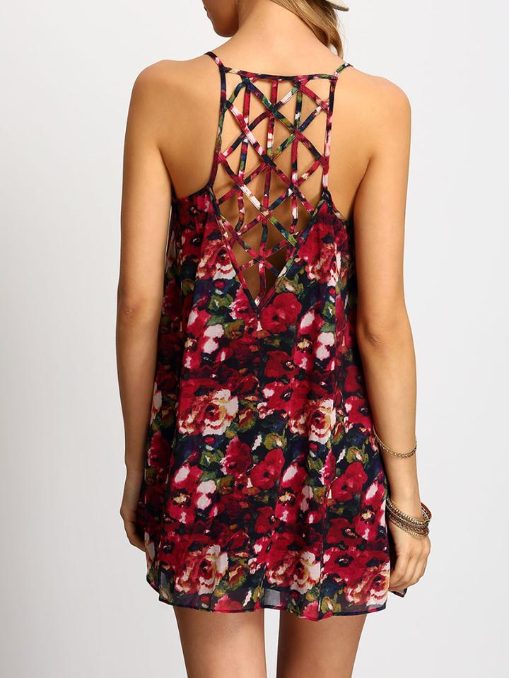 Shein Multicolor Spaghetti Strap Hollow Floral Dress