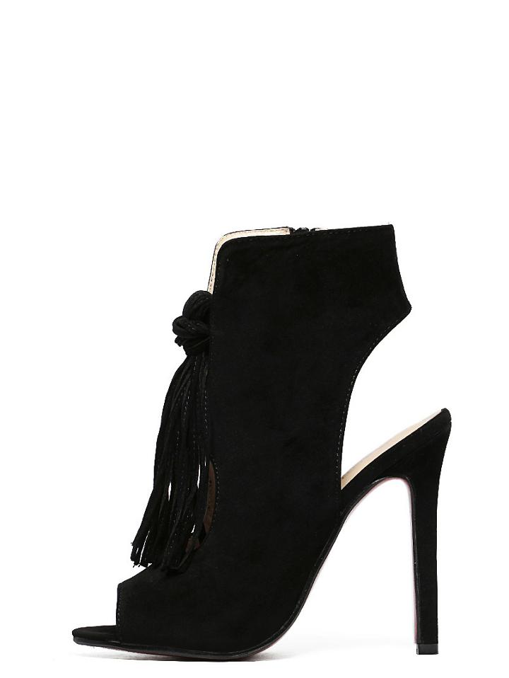 Shein Black Faux Suede Tasselled Peep-toe Slingback Sandals