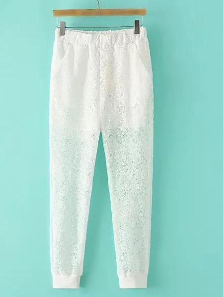 Shein White Elastic Waist Slim Pockets Lace Pants