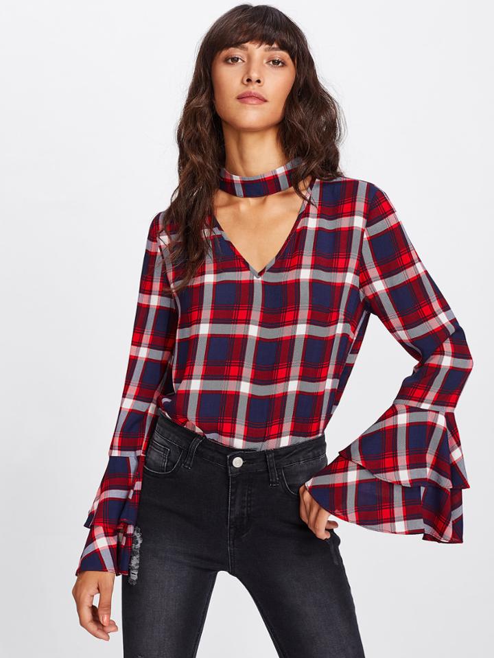 Shein Choker Neck Layered Bell Sleeve Check Top