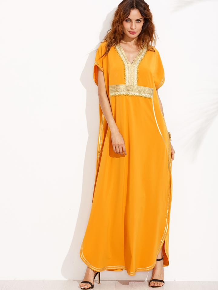 Shein Orange Appliques V Neck Short Sleeve Maxi Dress