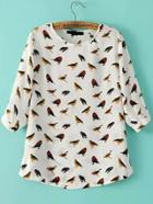 Shein Multicolor Round Neck Birds Print Blouse