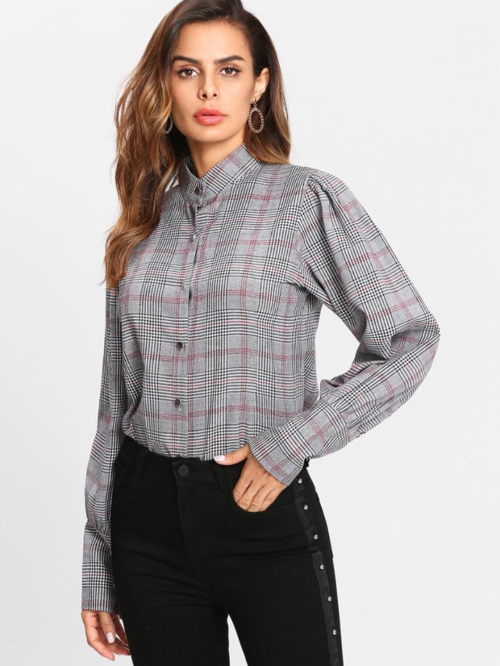 Shein Glen Plaid Puff Sleeve Shirt