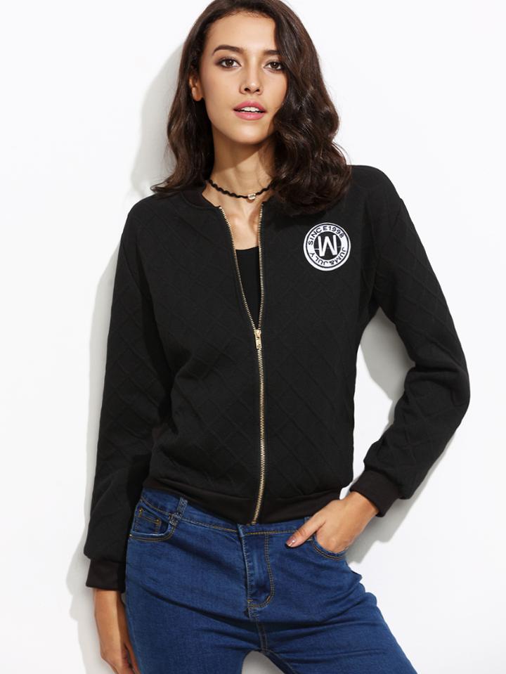 Shein Black Diamond Textured Patch Baseball Jacket