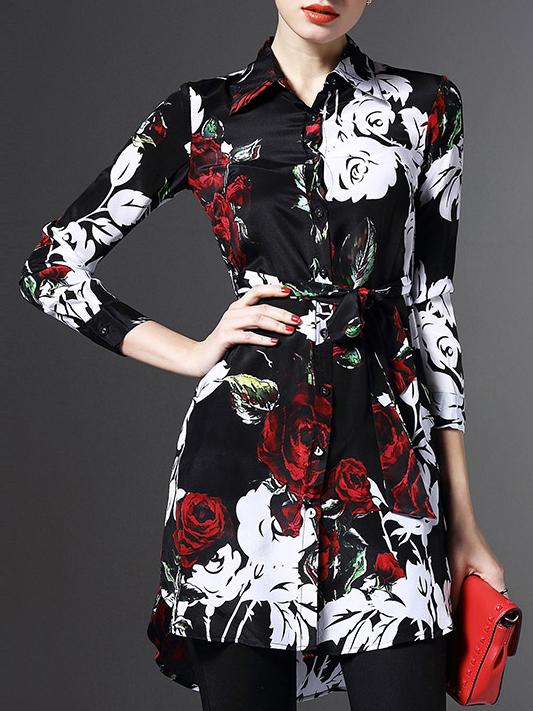Shein Black Long Sleeve Tie-waist Rose Print High Low Dress