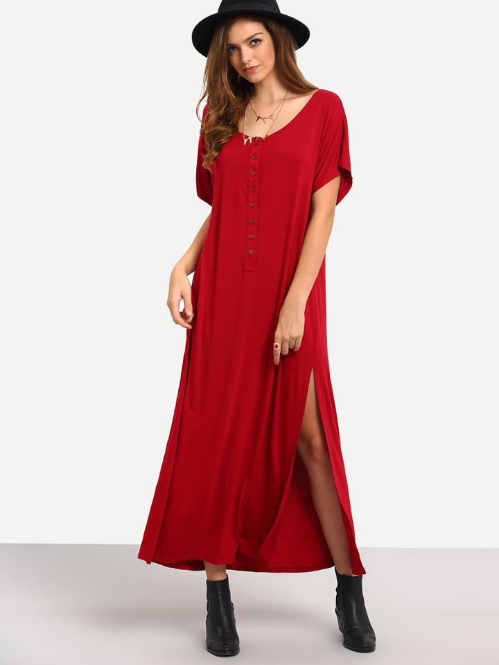 Shein Burgundy Short Sleeve Bottons Split Shift Maxi Dress