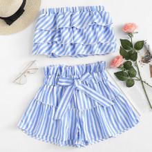 Shein Striped Tiered Tube Top With Ruffle Waist Skirt