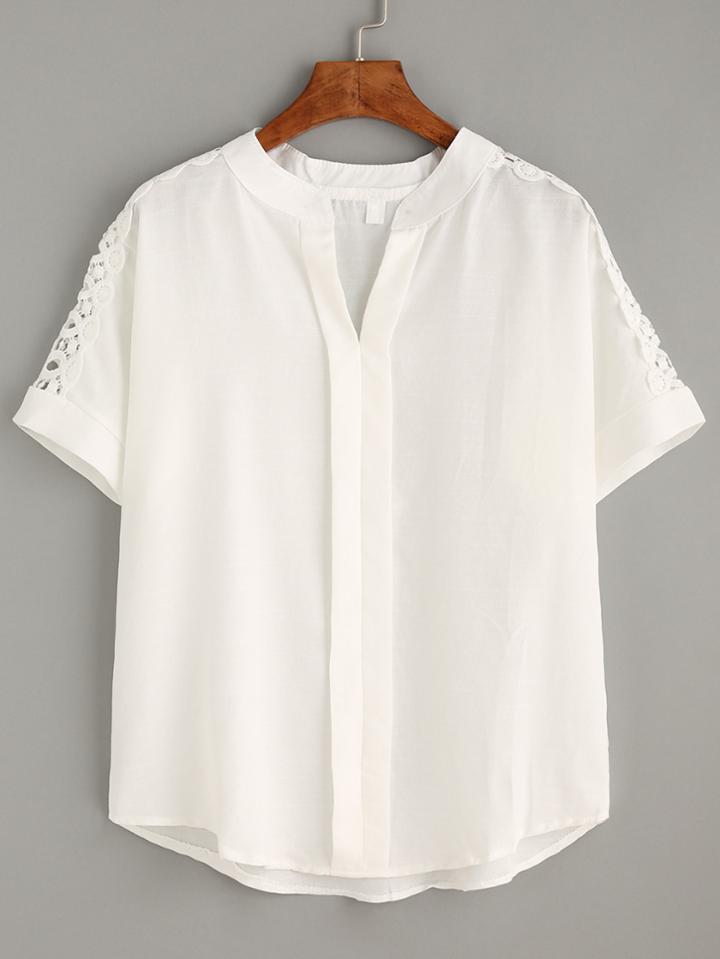 Shein White Crochet Notch Neck Loose Blouse