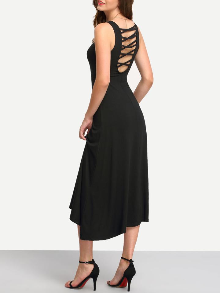 Shein Black Scoop Neck Lattice-back Dress