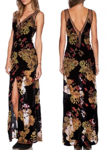 Rosewe Open Back Flower Print Side Slit Maxi Dress