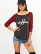 Shein Grey Marled Letter Print Contrast Raglan Sleeve T-shirt
