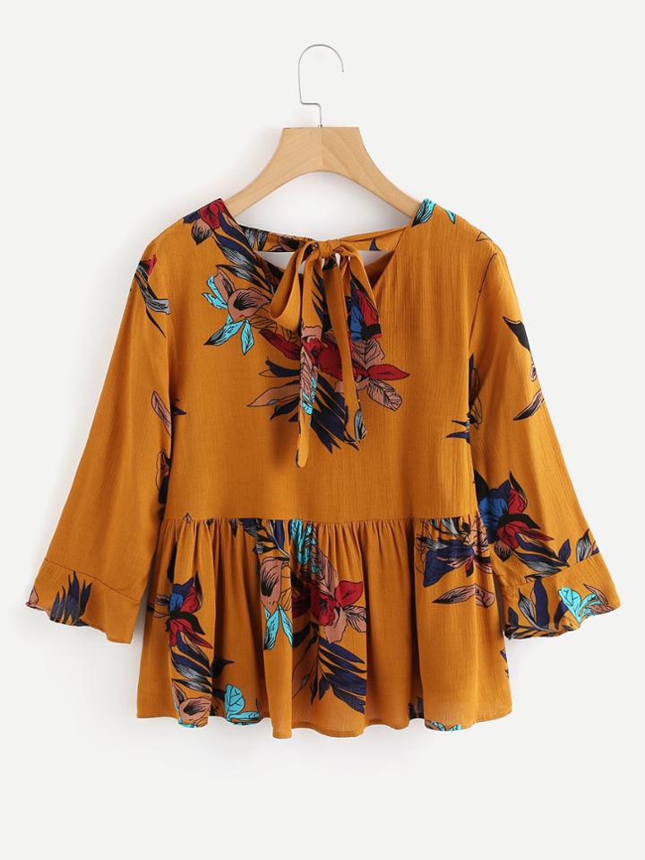 Shein Floral Print Frill Dip Hem Tie Back Blouse