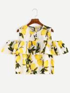 Shein White Lemon Print Cold Shoulder Ruffle Top