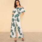 Shein Tropical Print Flounce Off Shoulder Wide Leg Jumpsuit