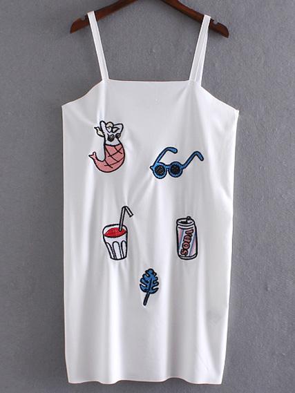 Shein White Spaghetti Strap Cartoon Embroidery Dress