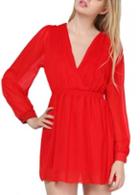 Rosewe Fine Quality V Neck Long Sleeve Red Skater Dress