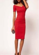 Rosewe Fashionable Solid Red Cotton V Neck Party Dress