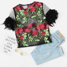 Shein Floral Embroidered Faux Feather Embellished Mesh Top