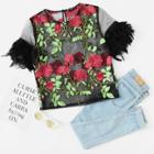 Shein Floral Embroidered Faux Feather Embellished Mesh Top