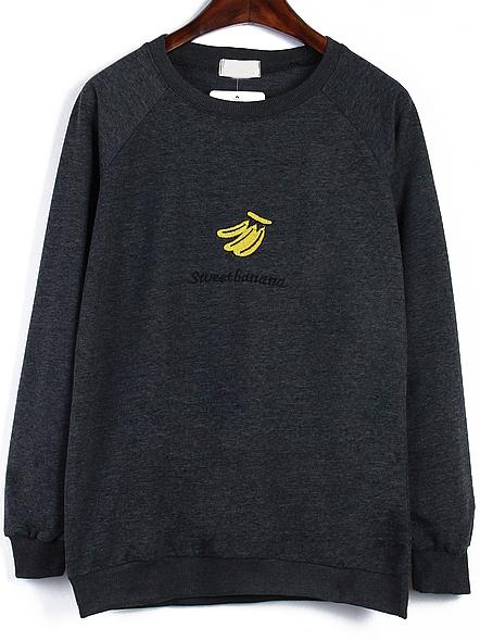 Shein Grey Round Neck Banana Embroidered Loose Sweatshirt