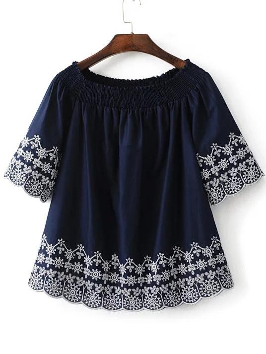 Shein Navy Embroidery Scalloped Trim Off The Shoulder Blouse