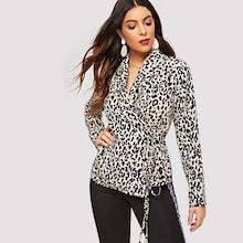 Shein Shawl Collar Leopard Print Knot Blouse