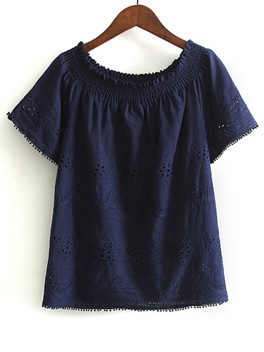 Shein Navy Boat Neck Embroidery Pom Pom Trim Blouse
