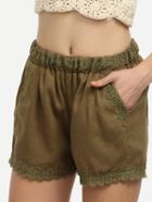Shein Army Green Elastic Waist Lace Splicing Shorts