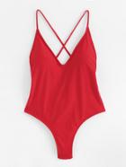 Shein Criss Cross Back Ruched Detail Plunge Swimsuit