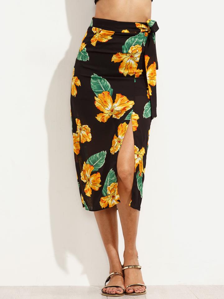 Shein Black Random Flower Print Belted Slit Skirt