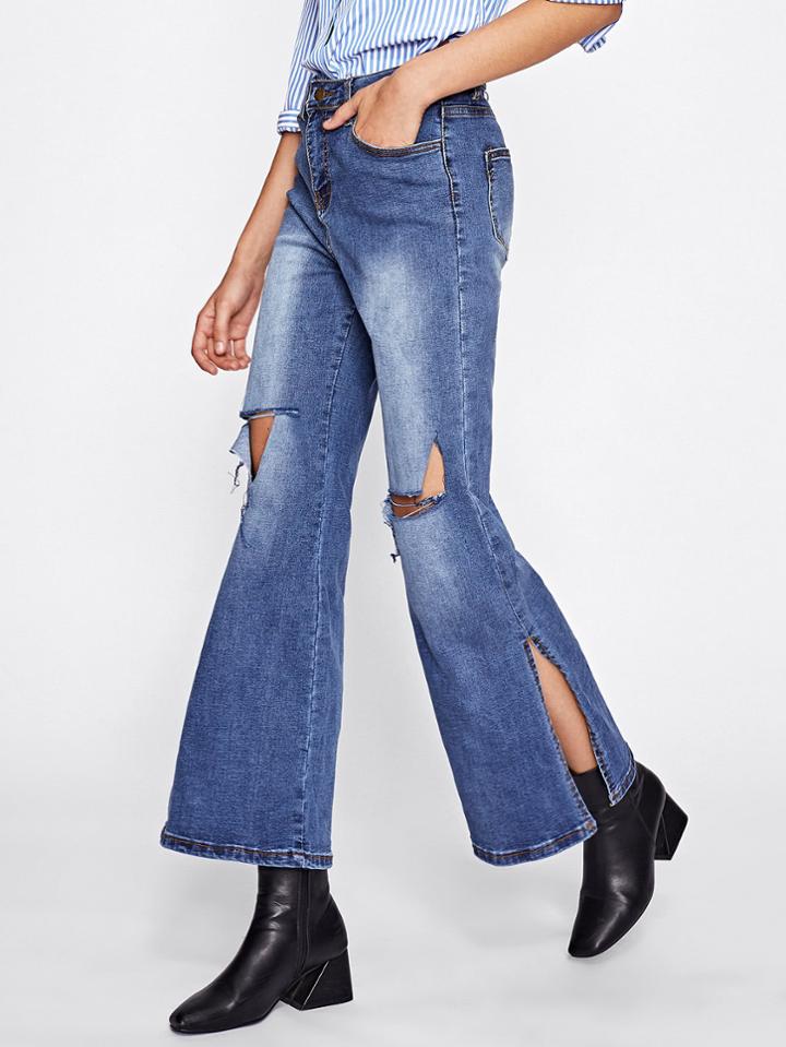 Shein Destroyed Slit Side Flare Jeans