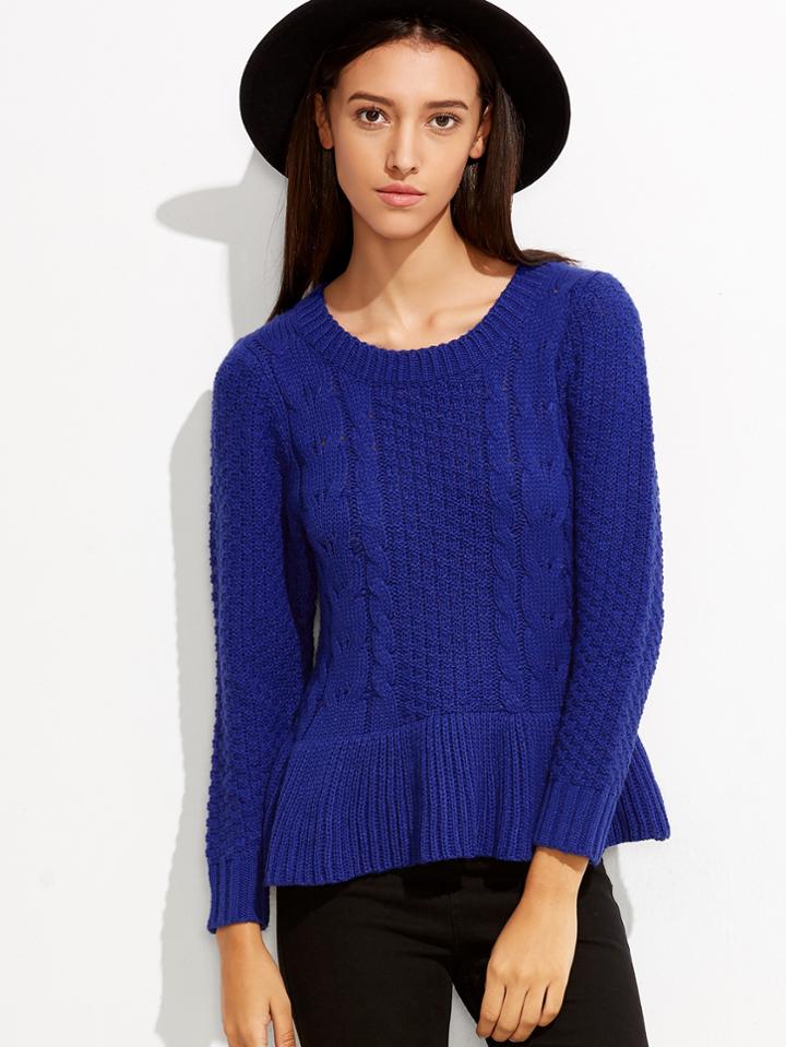 Shein Royal Blue Ruffle Hem Cable Knit Sweater