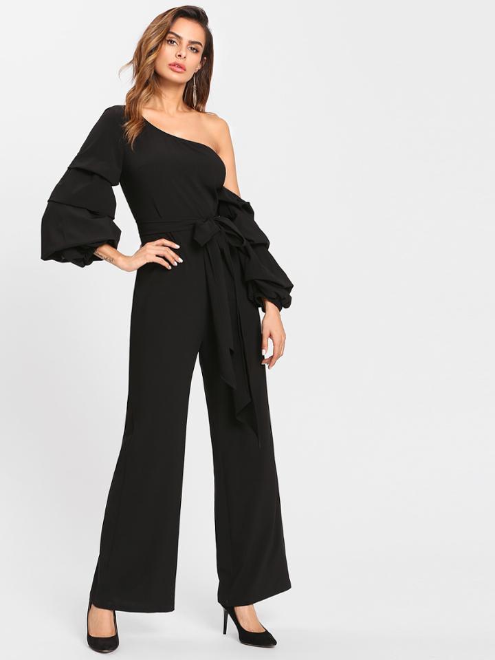 Shein Gathered Sleeve Self Belted Asymmetric Shoulder Jumpsuit