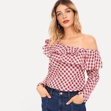 Shein Plaid Ruffle Trim Asymmetrical Neck Blouse