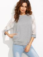 Shein Heather Grey Contrast Lace Raglan Sleeve Sweatshirt